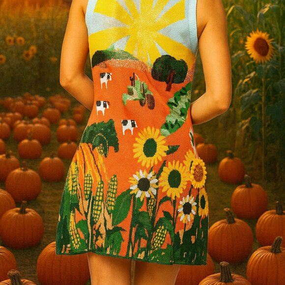 NWT Queen Of Sparkles Multi Farm with Knit Sunflowers Tank Dress - Picture 4 of 6